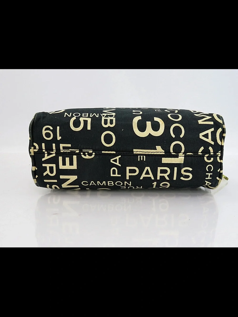 CHANEL Black Canvas Logo Print Cosmetic Pouch with Cream Lettering